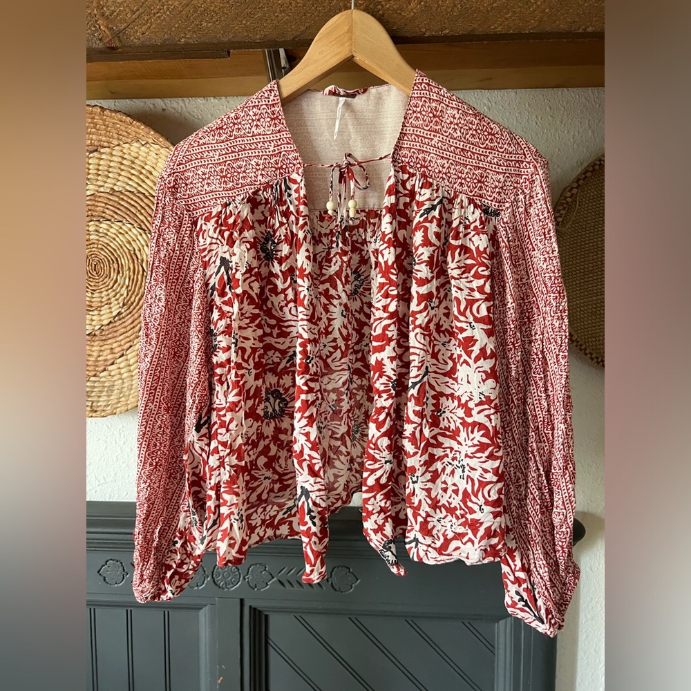 Free People Rouge open cardigan floral  Balloon Sleeve Top Red XS